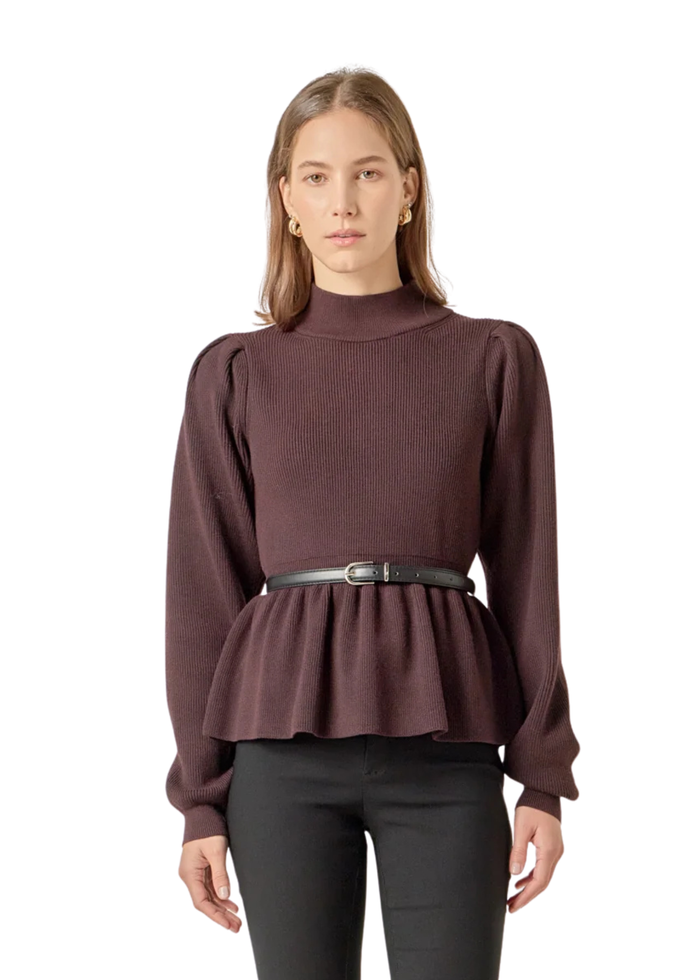 Peplum Waist Knit Top - Chocolate Brown