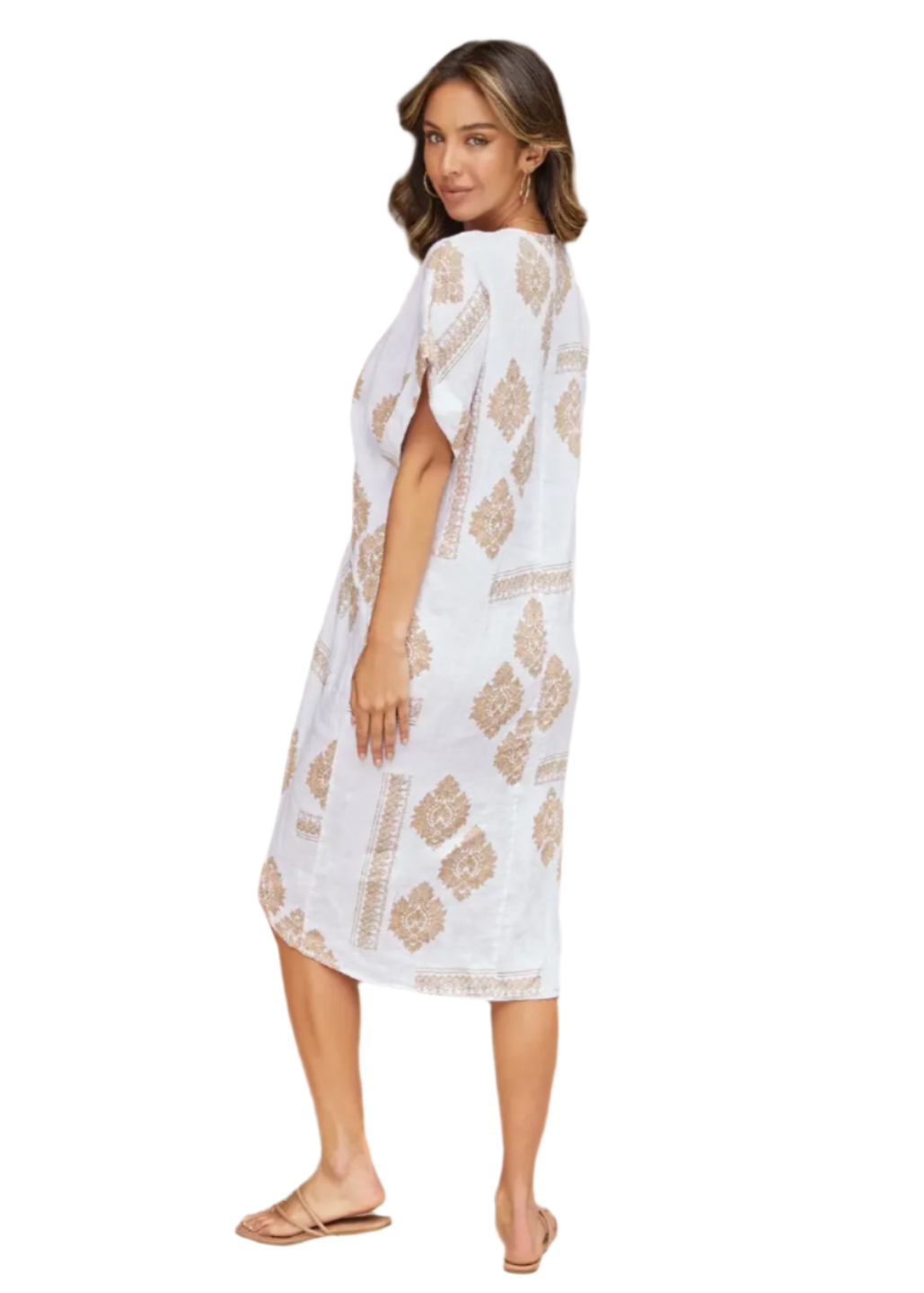 Linen Damask Print Twist Front Dress