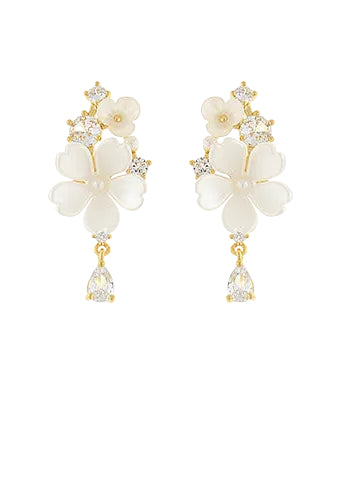 End Teardrop Flower Earrings - Cream/Gold