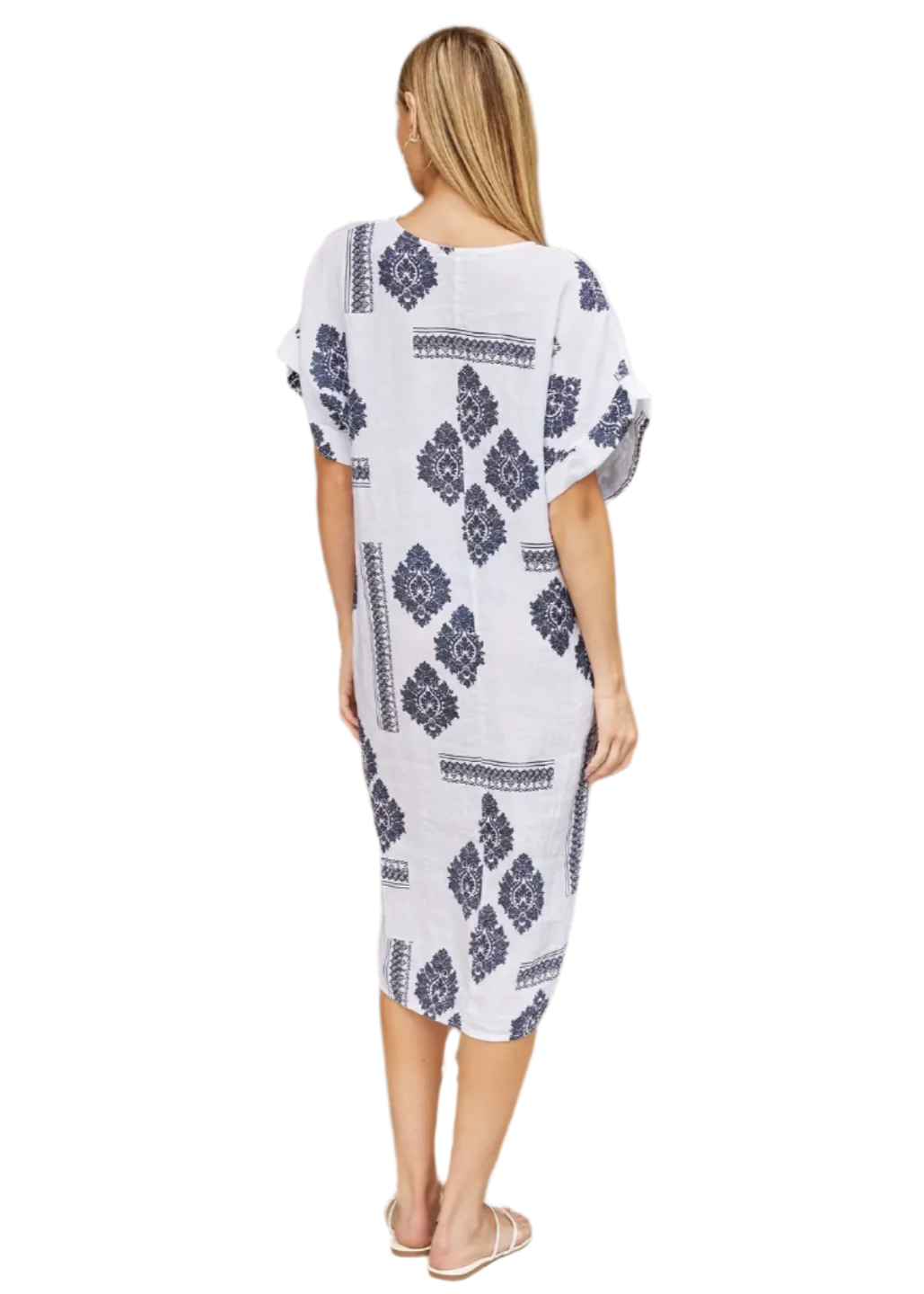 Linen Damask Print Twist Front Dress