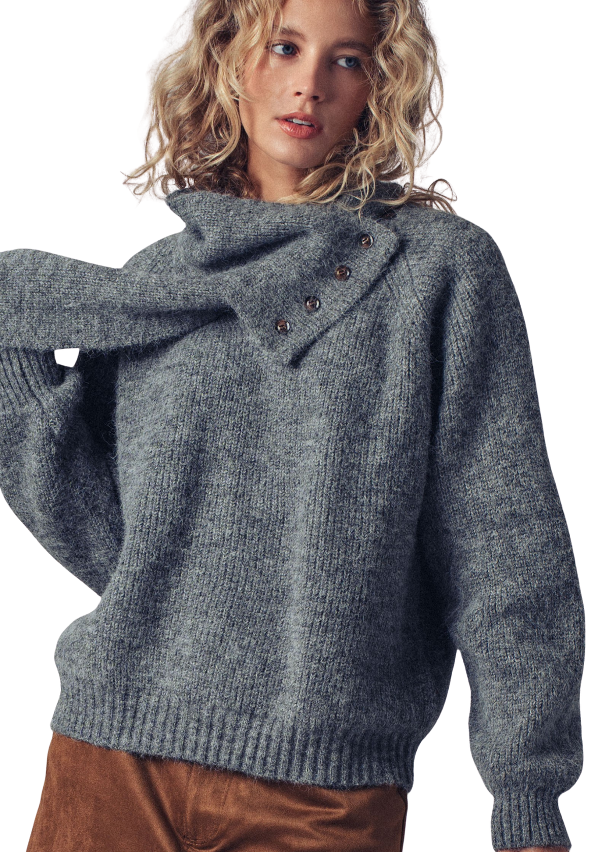 Detachable Scarf Button Wool Blend Sweater