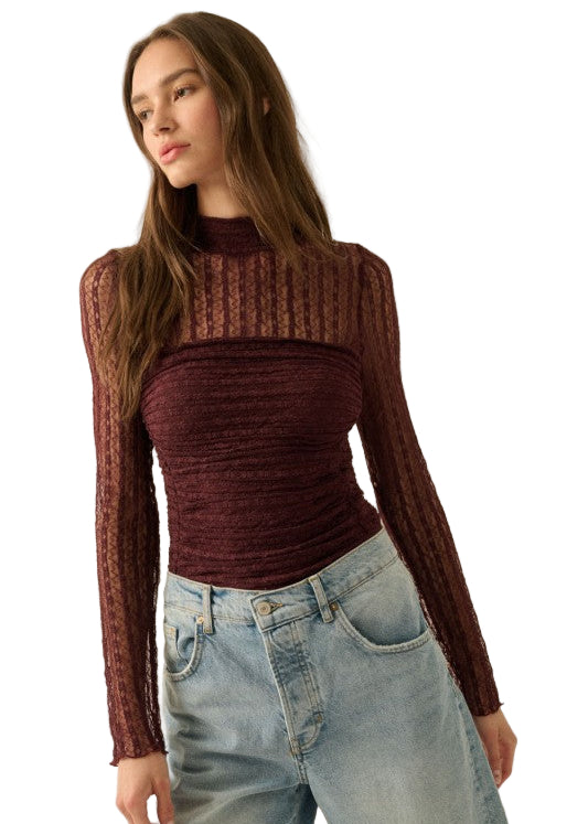 Floral Lace Ruched Mock-Neck Bodysuit