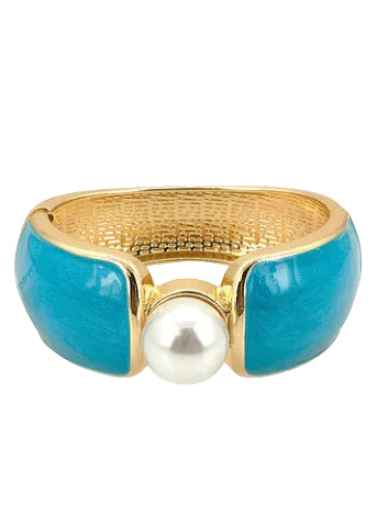 Epoxy & Pearl Hinged Bracelet - Turquoise/Gold