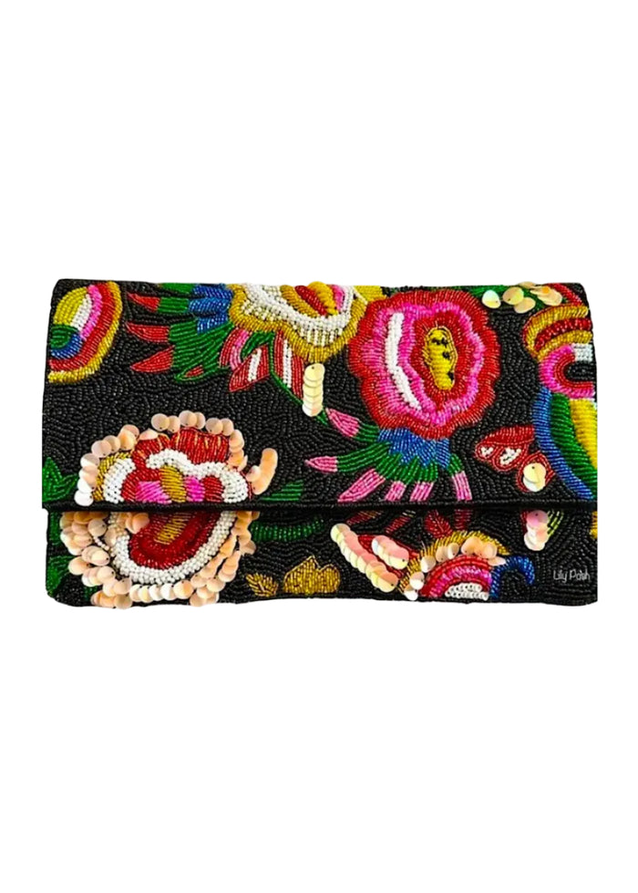Beaded Floral Clutch Crossbody Bag
