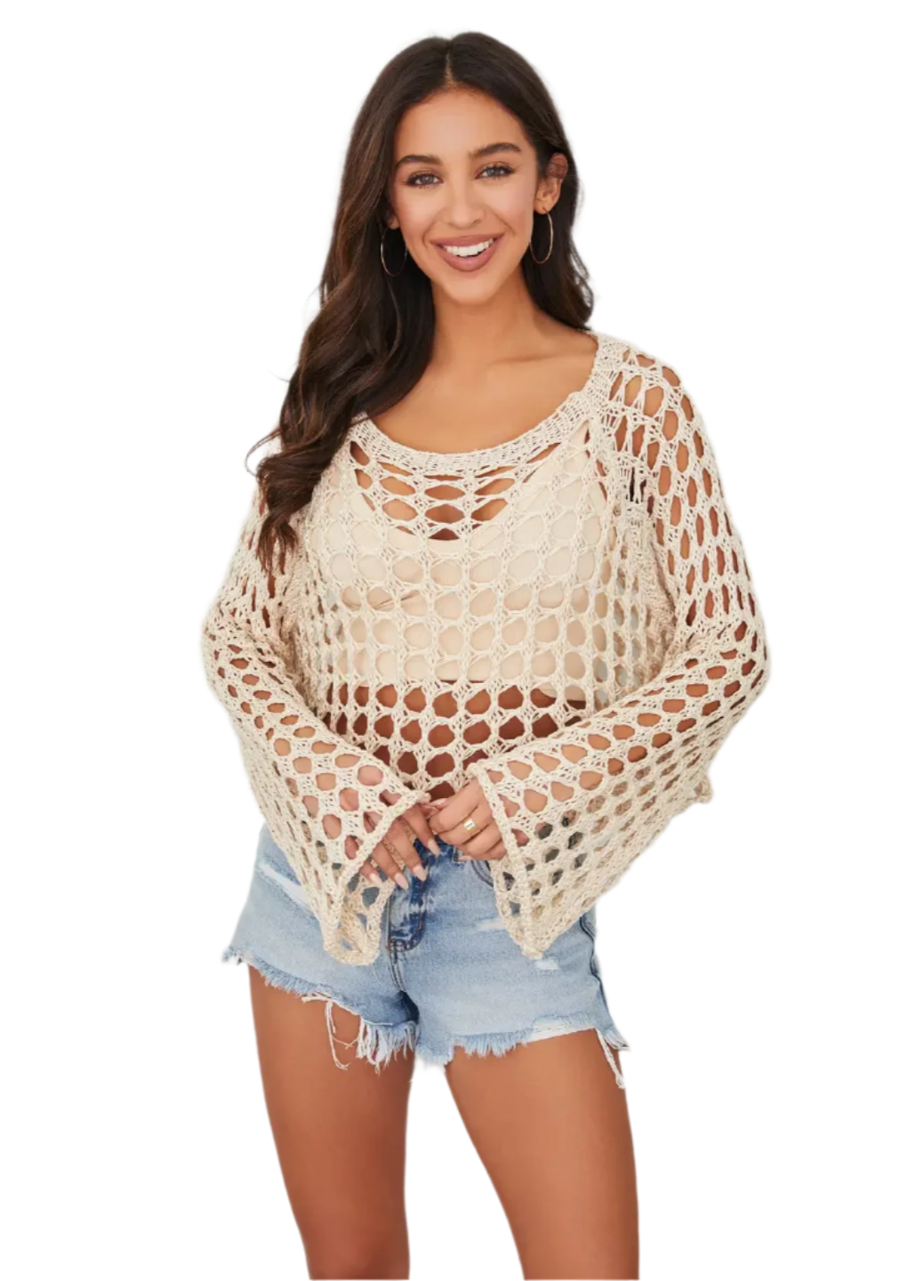 Scoop Neck Open Crochet Bell Sleeve Top