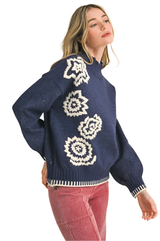 Floral Embroidery Mock Neck Sweater