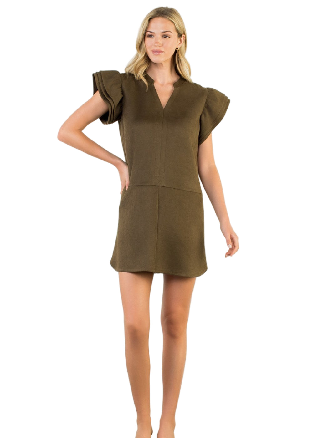 Flutter Sleeve Suede Dress