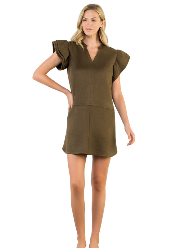 Flutter Sleeve Suede Dress