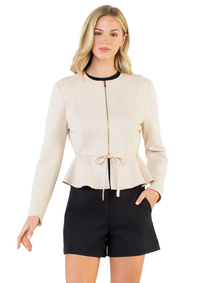 Zip Front Belted Peplum Suede Jacket