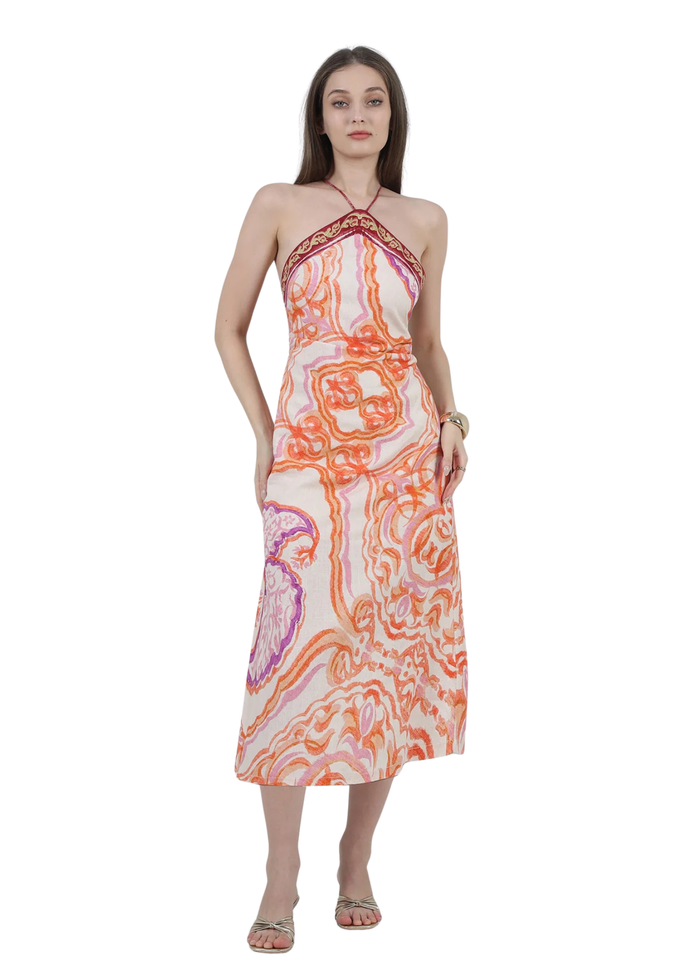Brooklyn Border Halter Neck Midi Dress