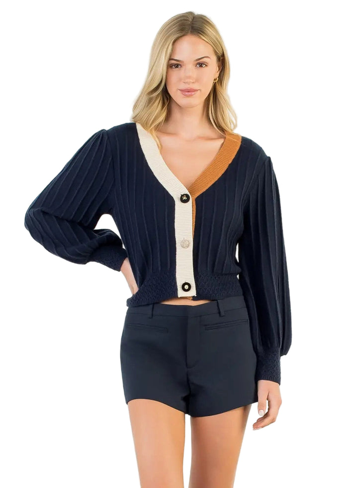 Balloon Sleeve Colorblock Knit Cardigan