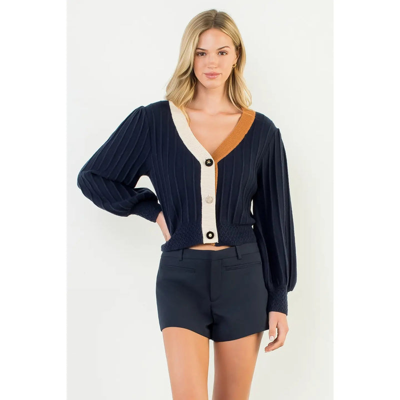 Balloon Sleeve Colorblock Knit Cardigan