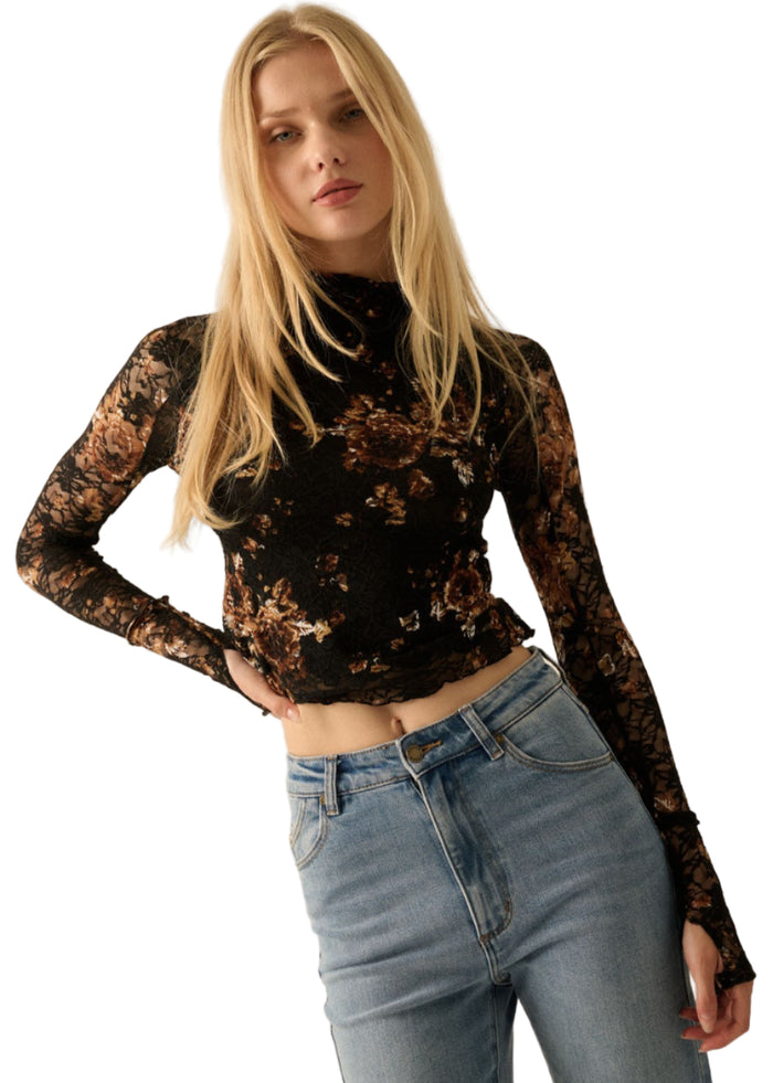Floral Lace Mock-Neck Long Sleeve Top