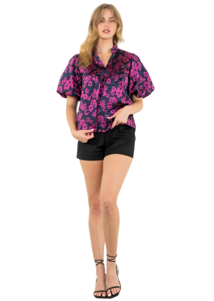 Puff Sleeve Flower Pattern Top