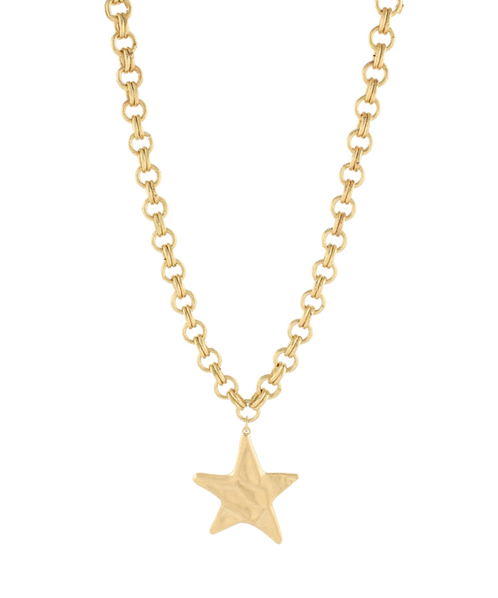 Hammered Star Pendant Chain Necklace - Worn Gold