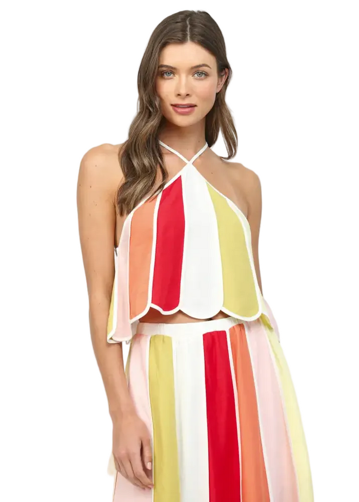 Linen Blend Color-Block Halter Crop Top