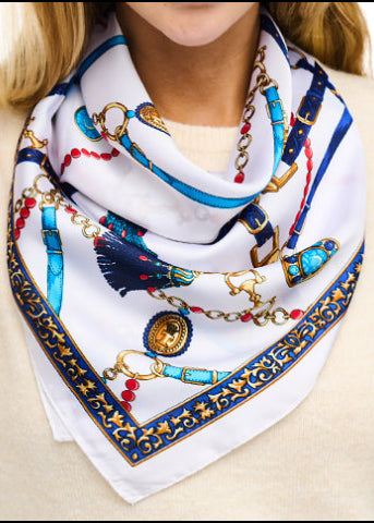 Horsebit Chain & Tassel Print Silky Bandana - Ivory