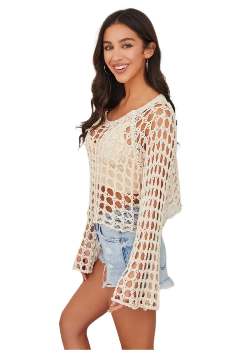 Scoop Neck Open Crochet Bell Sleeve Top