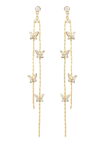 Butterfly Crystal Chain Drop Earrings-Clear/Gold
