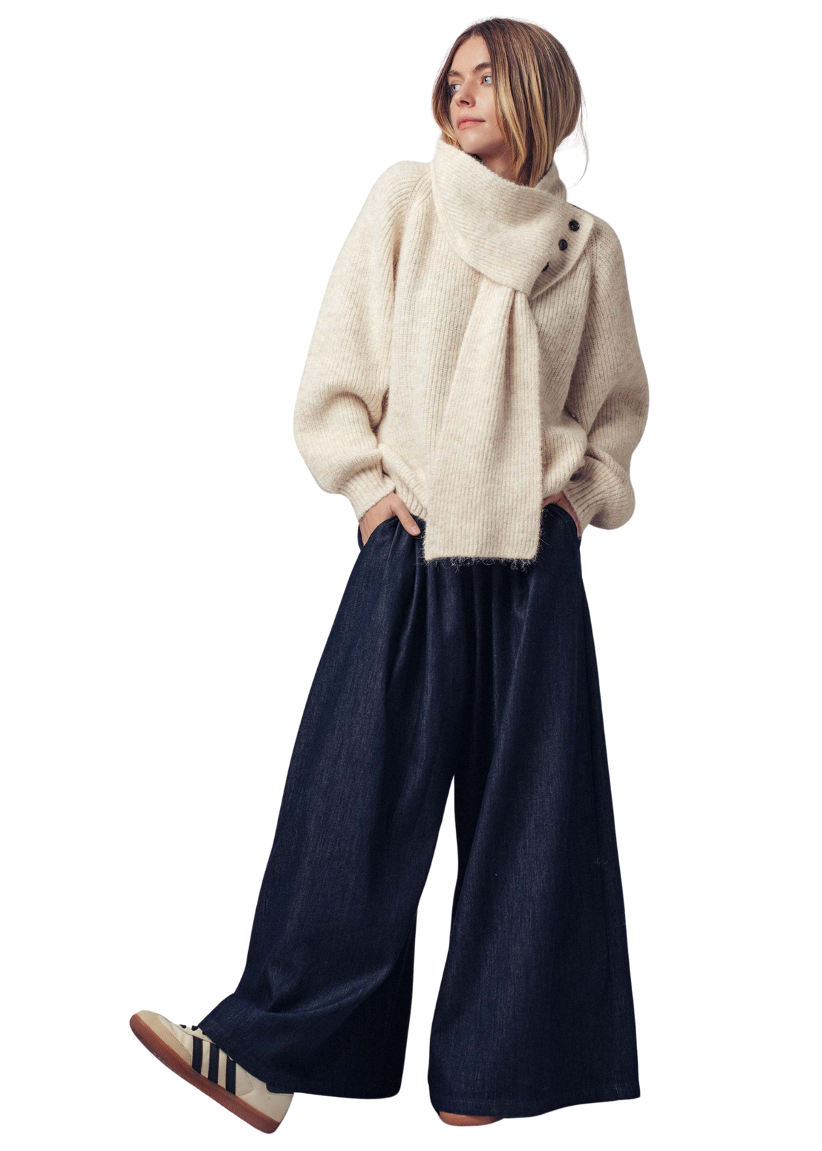 Detachable Scarf Button Wool Blend Sweater