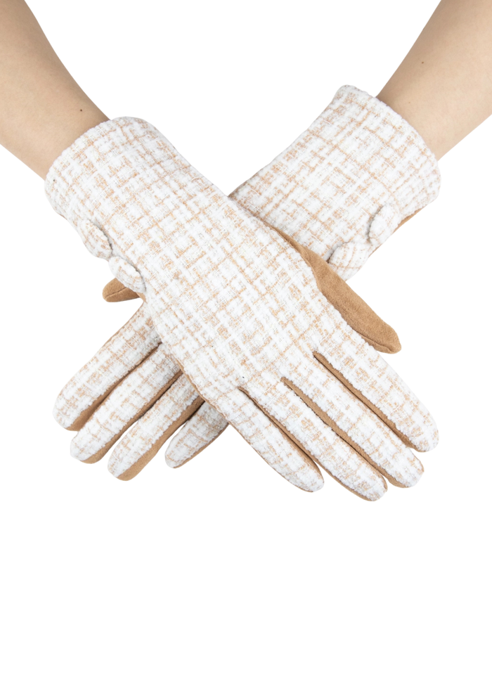 Plaid Pattern Tweed Gloves Beige
