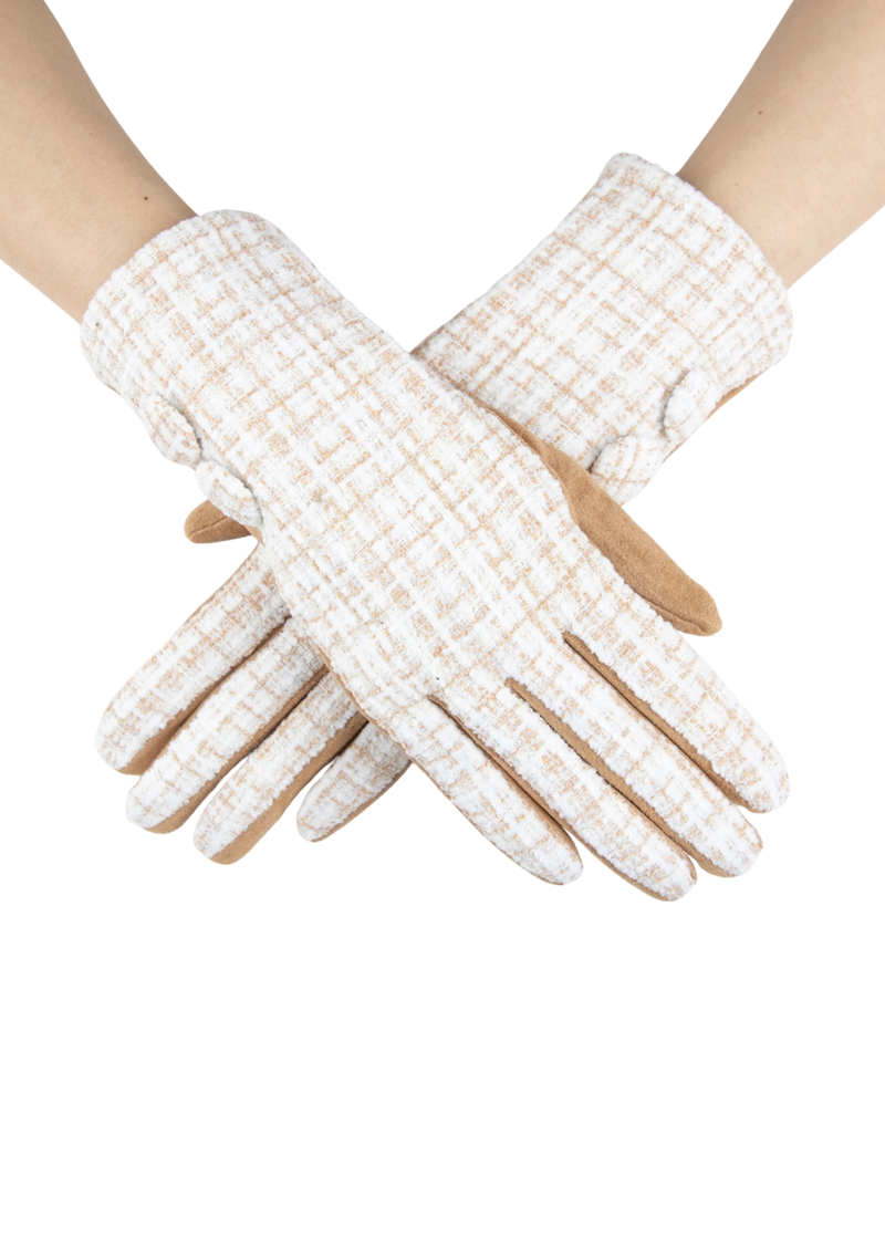Plaid Pattern Tweed Gloves Beige