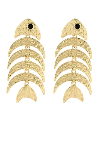 Hammered Fish Bone Earrings - Gold