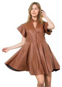 Flutter Sleeve Button Up Leather Dress