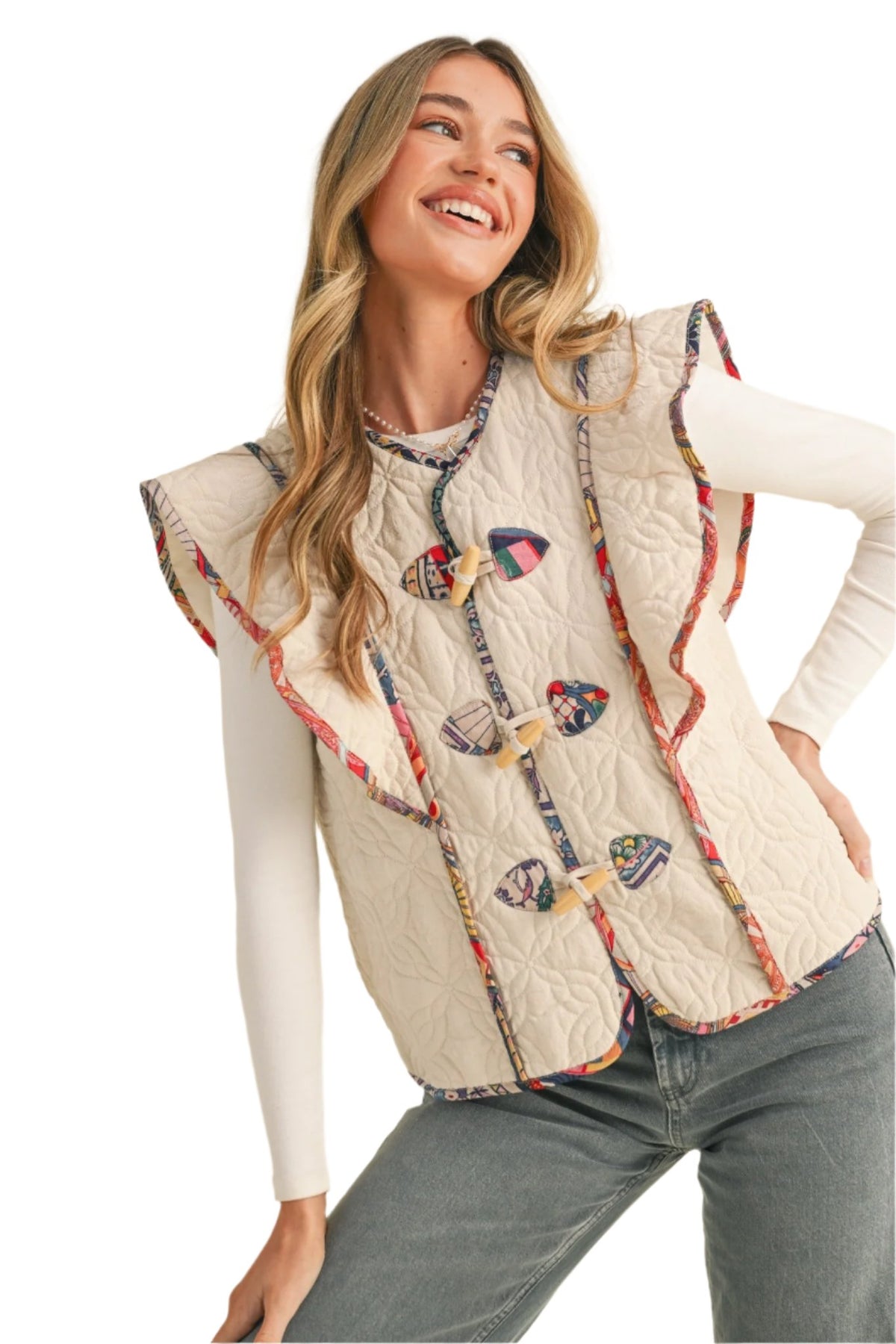 Flutter Sleeve Quilted Vest w/ Print Binding