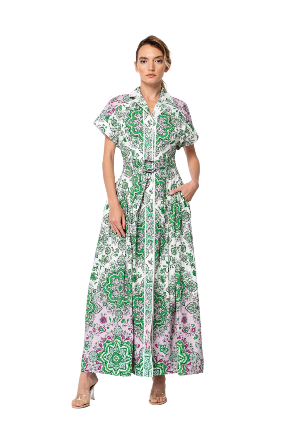 Rosalyn Engineered Floral Printed Midi Shirt Dress