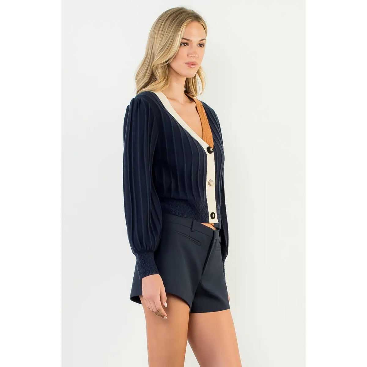 Balloon Sleeve Colorblock Knit Cardigan