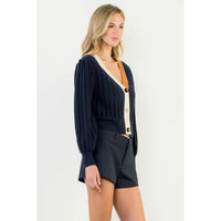 Balloon Sleeve Colorblock Knit Cardigan