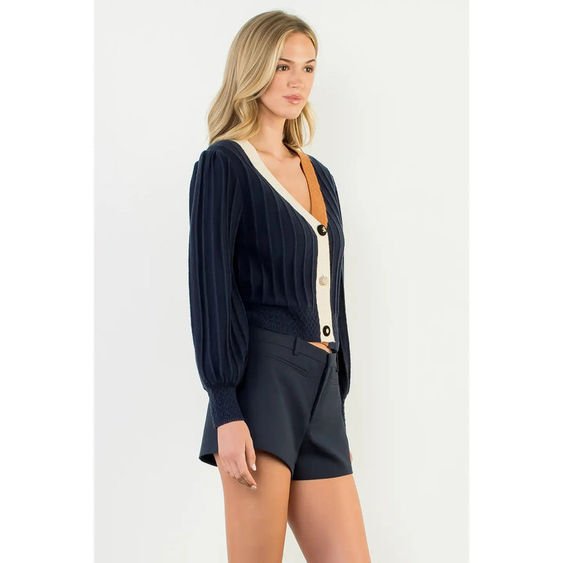 Balloon Sleeve Colorblock Knit Cardigan