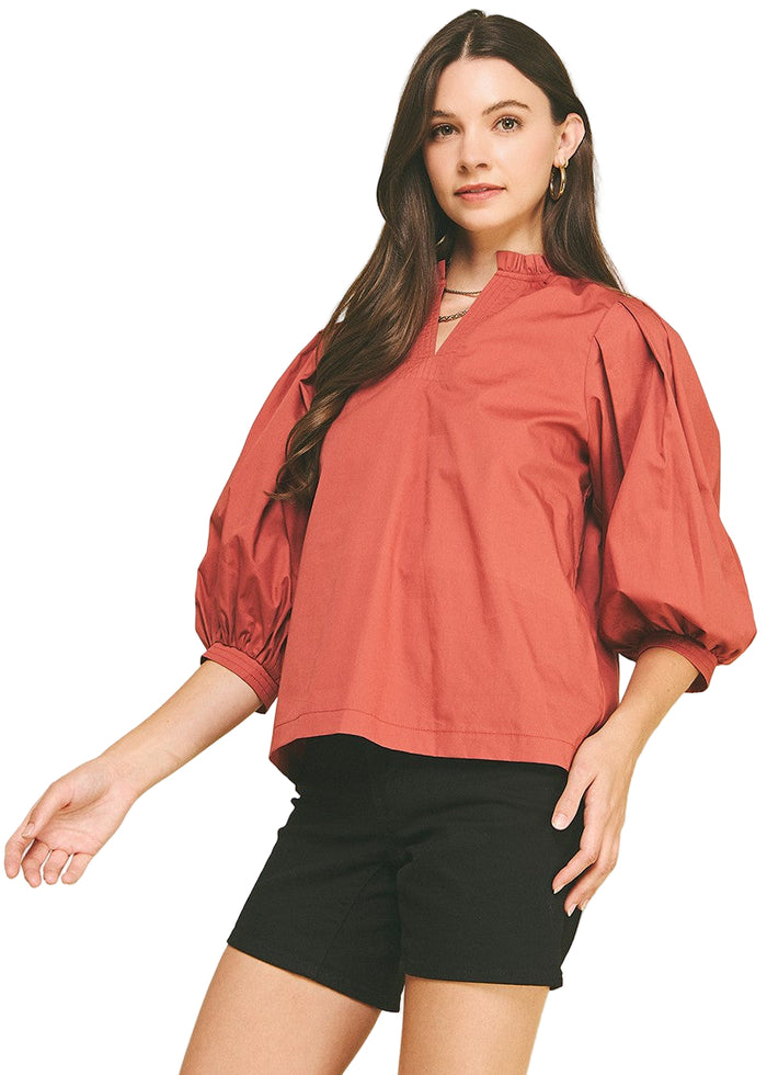 Ruffled Mock Neck Poplin Top