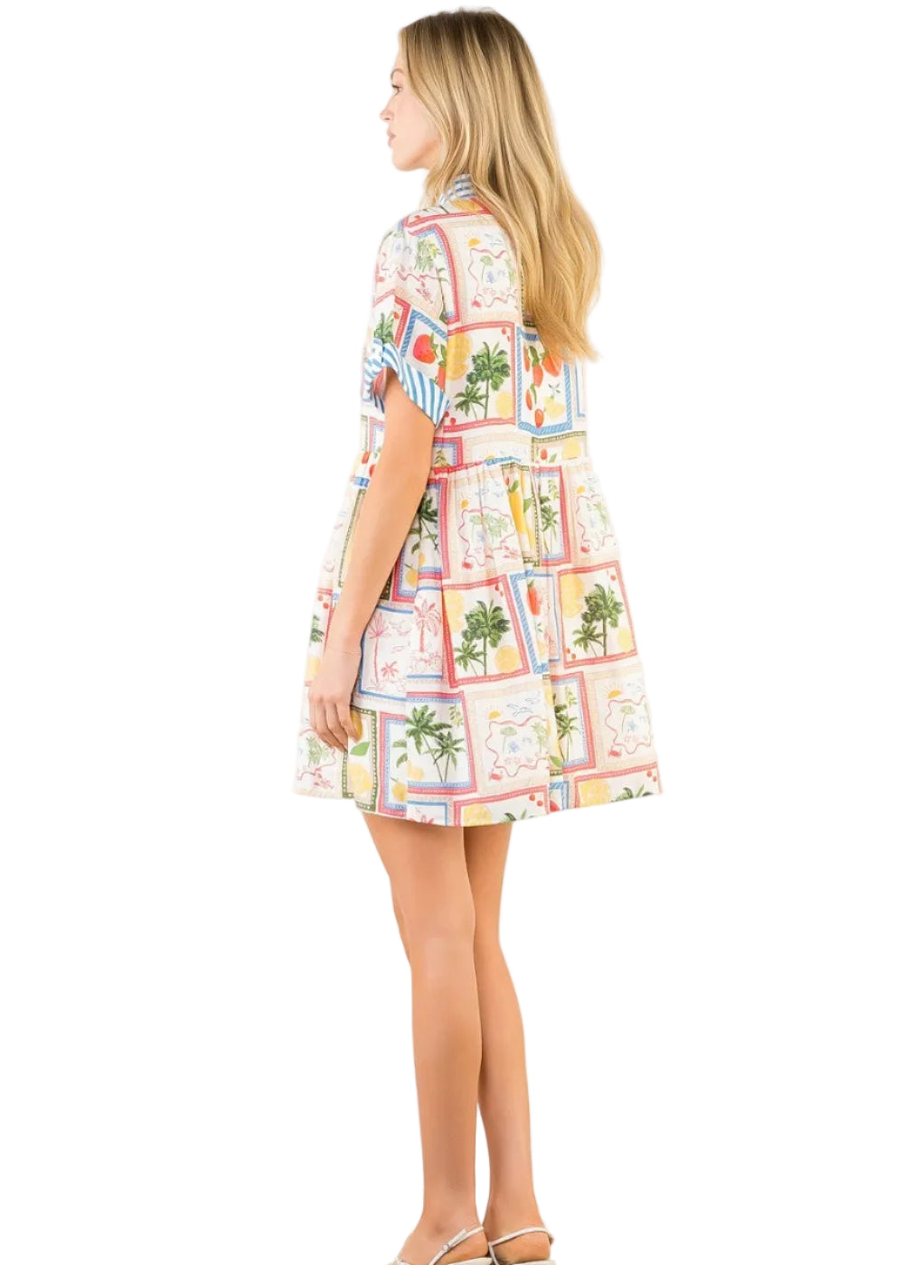 Short Sleeve Button Up Tropical Pattern Dress