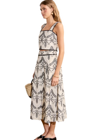 Linen Embroidered Midi Full Skirt