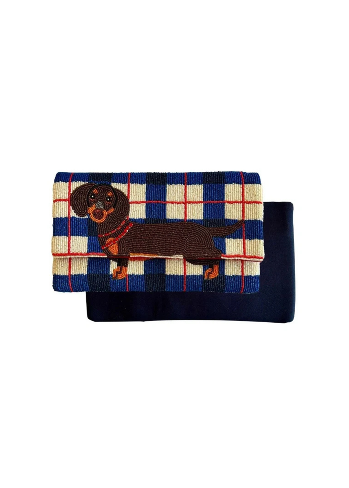 Dachshund Clutch Crossbody Beaded Bag | Blue Check