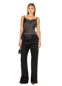 Satin Cowl Neck Top w/ Feather