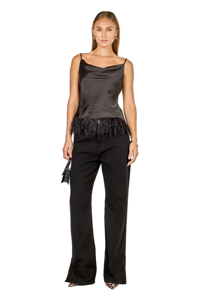 Satin Cowl Neck Top w/ Feather