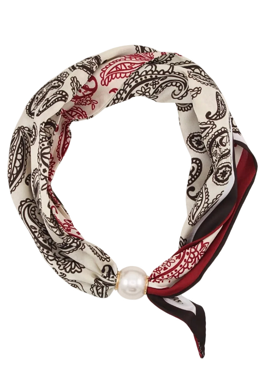 Pearl & Paisley Scarf Necklace - Red