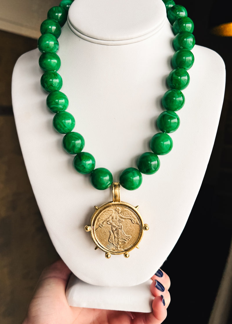 Vintage Gold Coin on Malachite  Beads