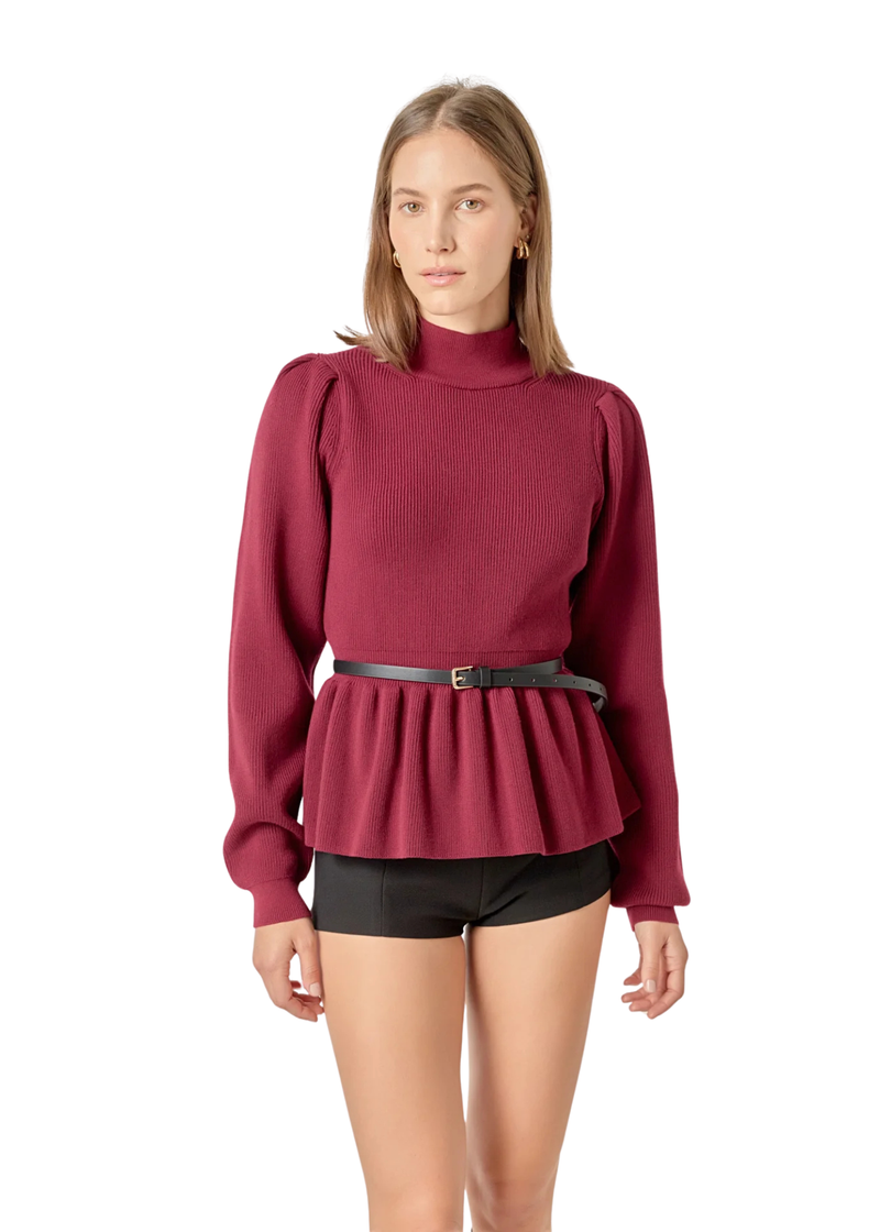 Peplum Waist Knit Top - Burgundy
