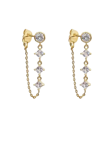 Round & Square CZ Chain Drop Earrings-Gold/Clear