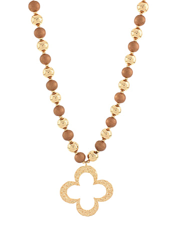Clover Outline Wood & CCB Ball Necklace