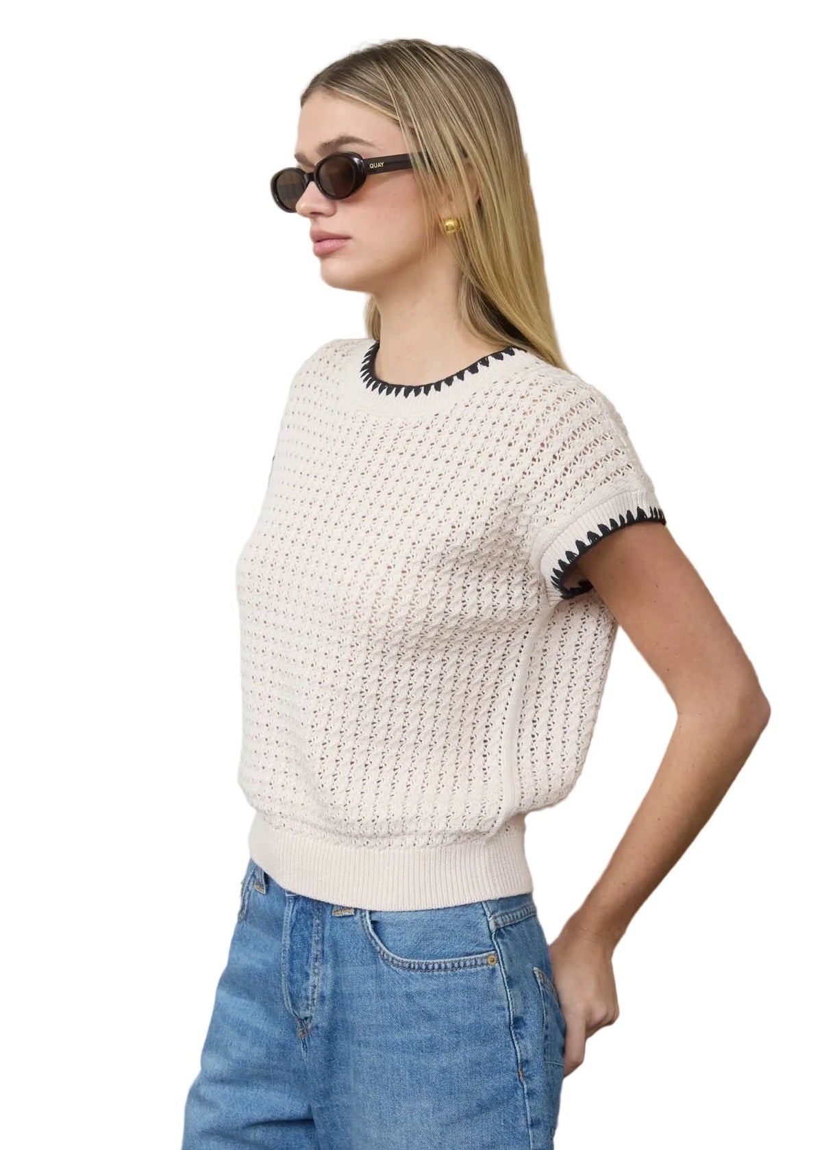 Contrast Trim Short Sleeve Sweater