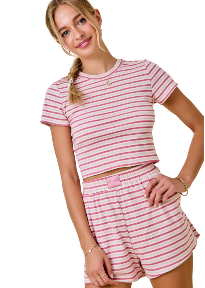Striped Ribbed Fitted Crop Lounge Top