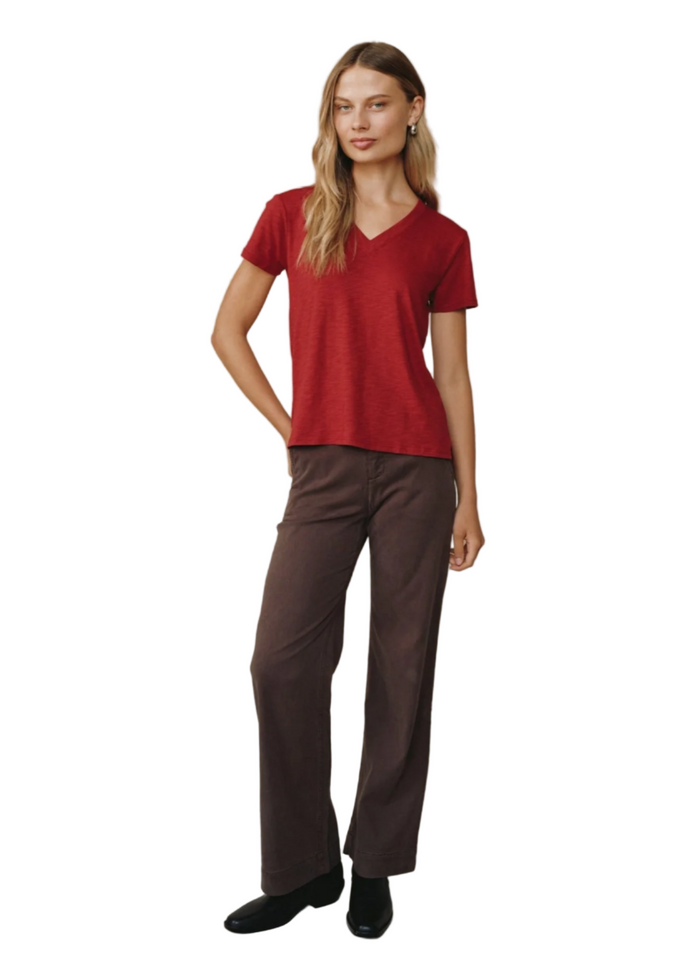 Side Slit V-Neck Tee - Ruby Red