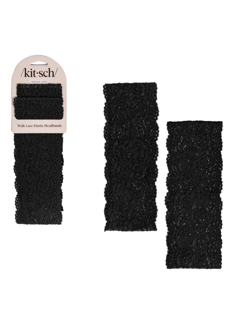 Wide Lace Elastic Headbands 2pc Set - Black