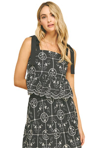 Floral Embroidered Self-Tie Strap Cami Top