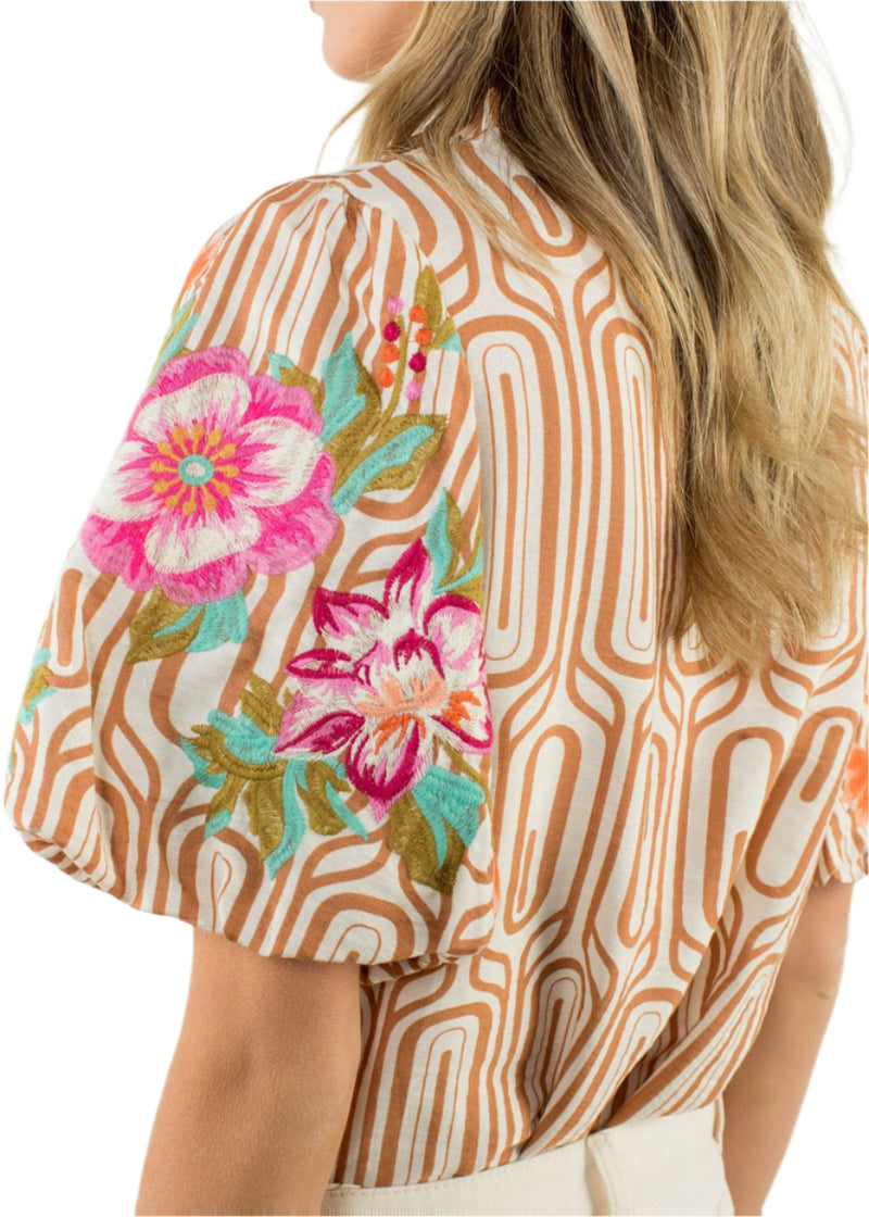 Camilla Flower Puff Sleeve Print Top